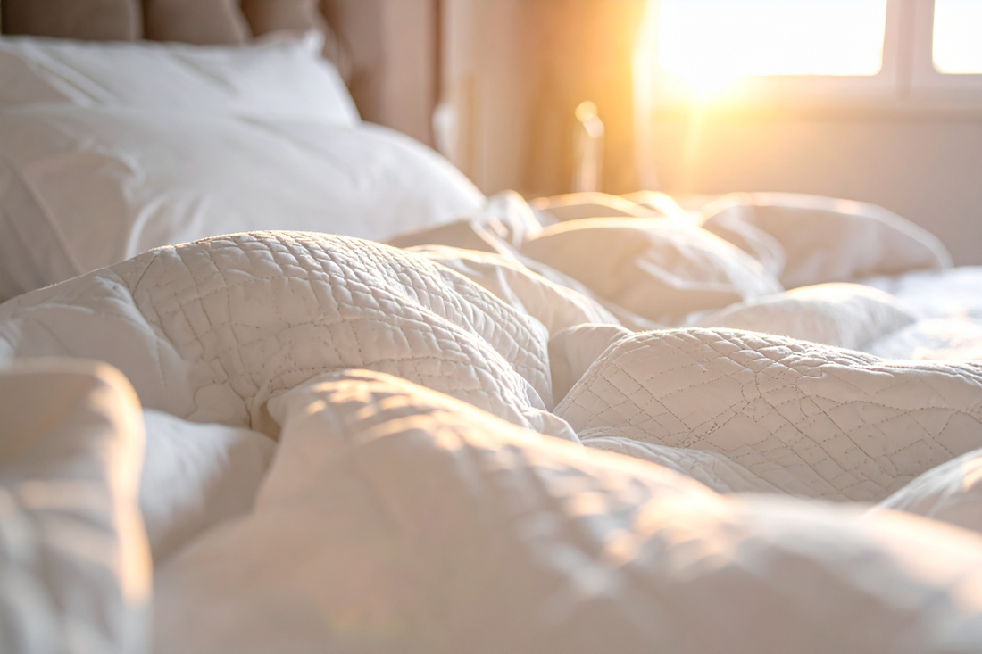 unmade bed in the early morning light