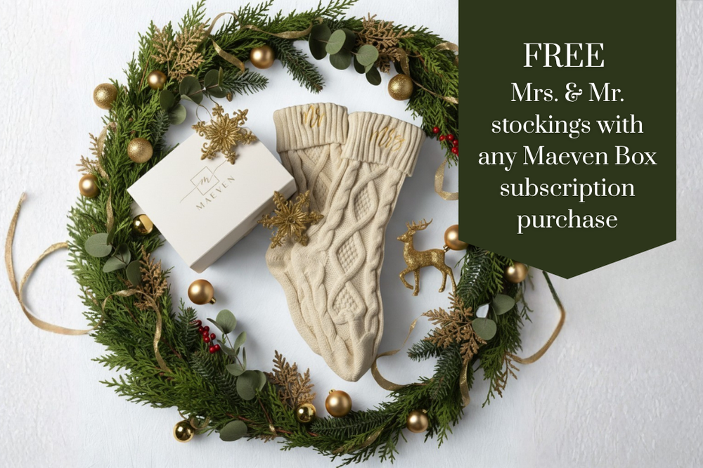 Maeven Box holiday promotion with Mrs. and Mr. knit Christmas stockings and holiday wreath and gold ornaments