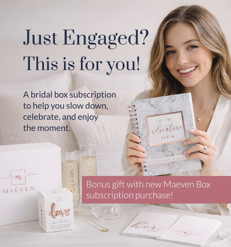 Woman holding a wedding planner with text about a bridal box subscription.